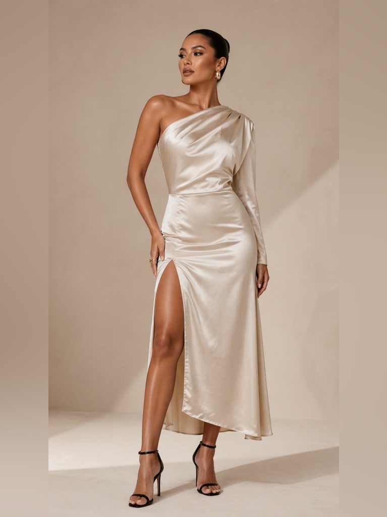 Artclub Modena One-Shoulder Cutout Silk-Satin Midi Dress